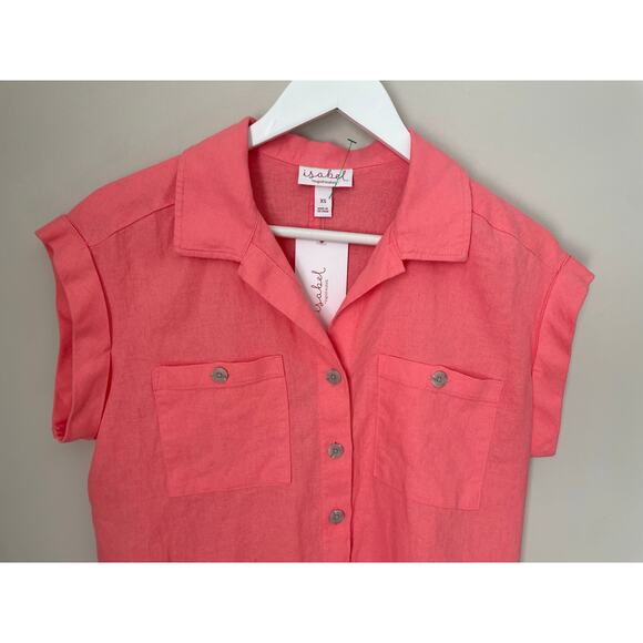 NWT - Isabel Maternity Short Sleeve Shirt Size XS Linen Pink Button Down Spring - Picture 2 of 6